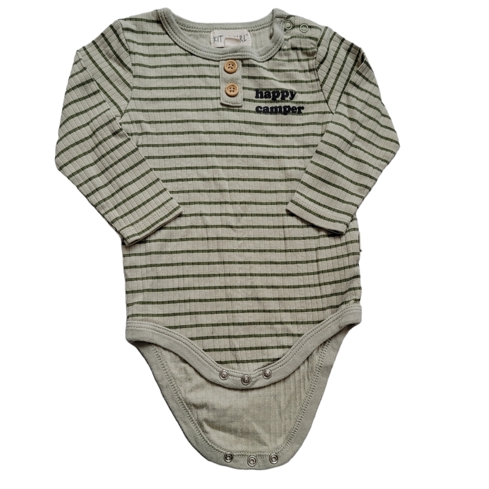 Kit + Pearl 6/9 Months Happy Camper Green Striped Cotton Long Sleeve Bodysuit